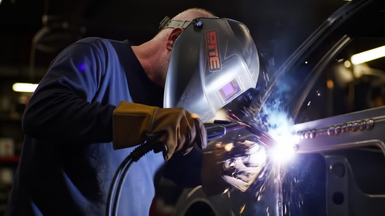 Welder Repairing a Car