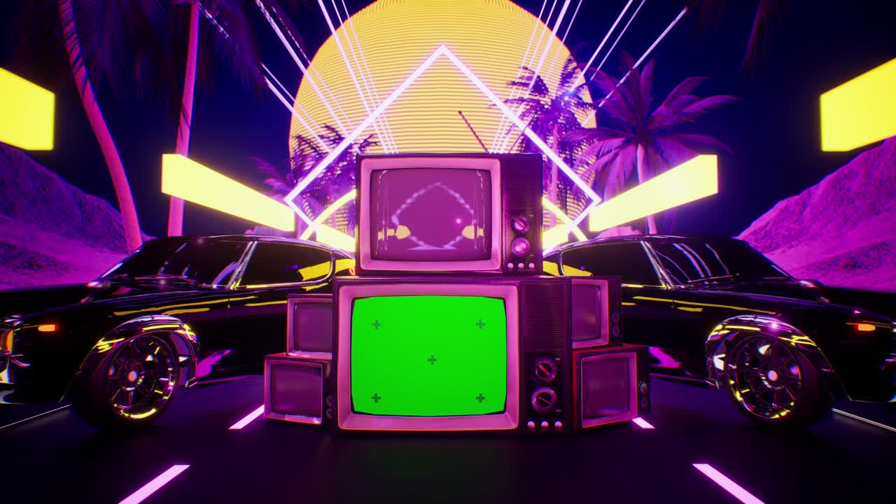Auto, schermo verde TV e città in stile neon. Sfondo retro wave anni '80, animazione 3D.