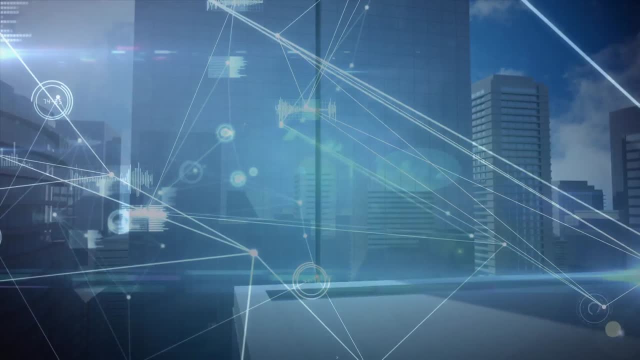 青い空と都市風景を移動するデータ処理と接続ネットワークのアニメーション