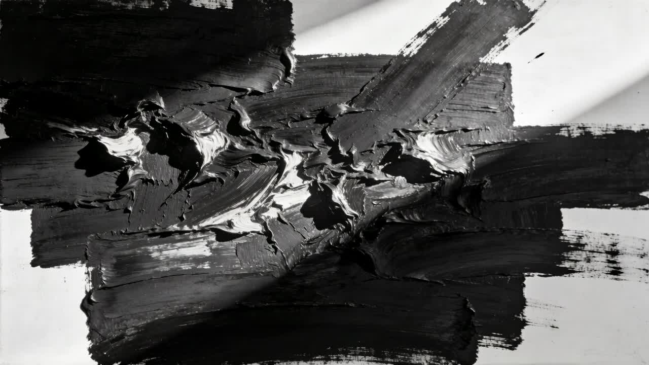 Un raggio di sole che si sposta attraversando la tela in studio, rivelando creste di impasto e uno sfondo bianco raschiato