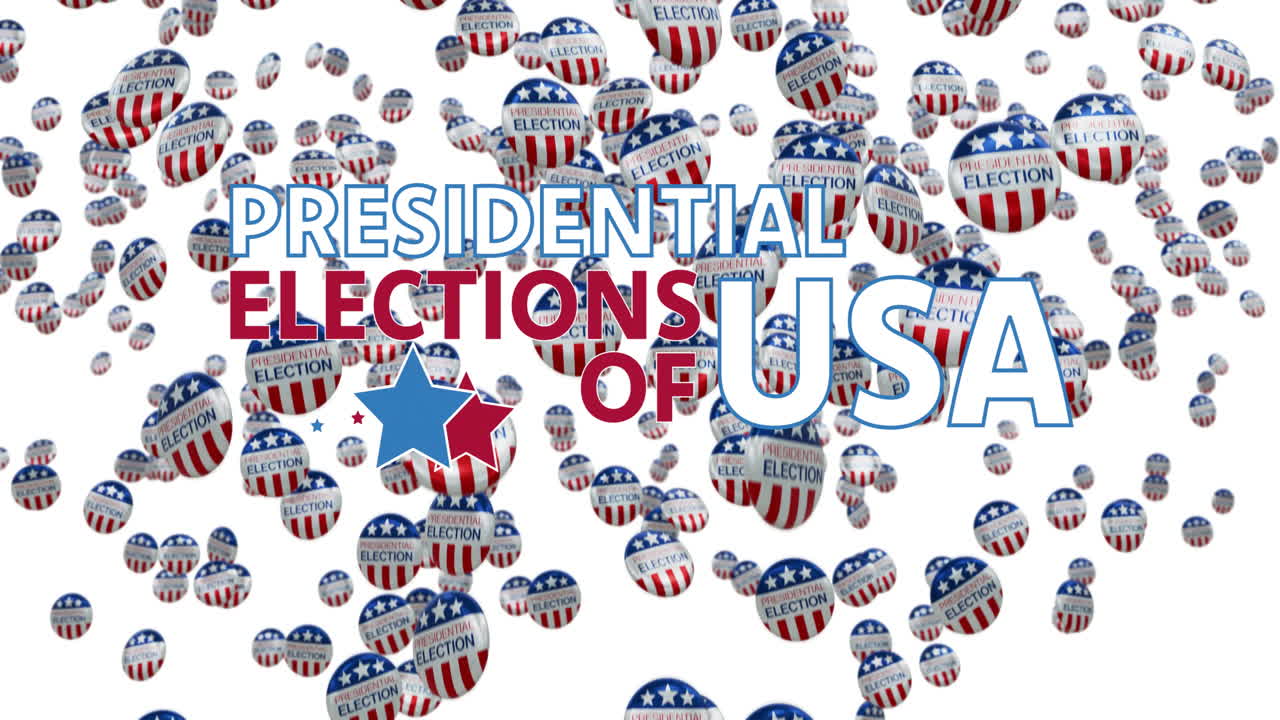 Animation of presidential elections of usa text over falling american flag vote badges on white