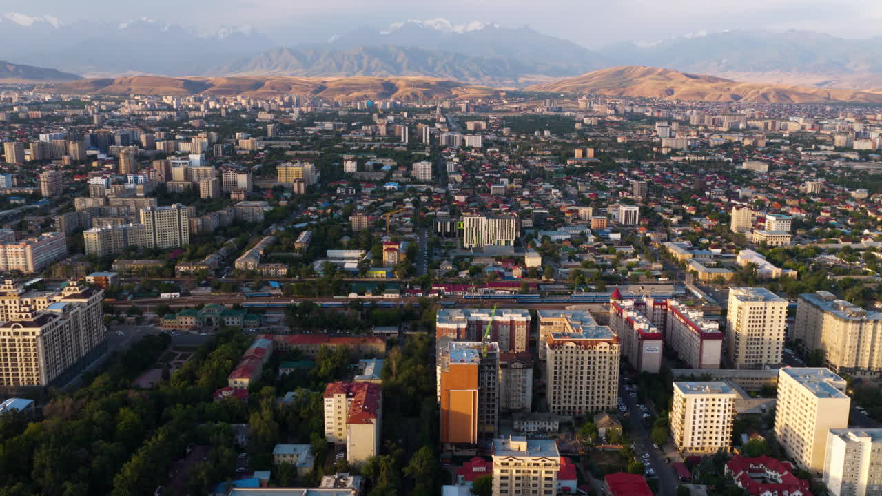 Bishkek City Capital At Sunrise In Kyrgyzstan, Central Asia. Aerial Drone Shot