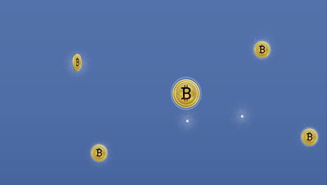 animation of bitcoins financial data processing over blue background