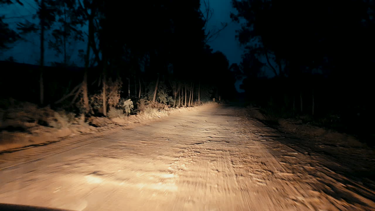 Driving along spooky dirt road lit up by headlights at night time.