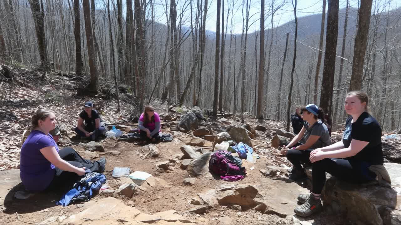 Group of Friends Taking a Break in the Mountains: Enjoying Nature's Beauty Amidst Trees and Scenic Views on a Hiking Adventure