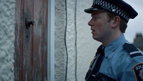 a police officer approaches a residence, demonstrating the seriousness of law enforcement and community interactions in a quiet suburban setting