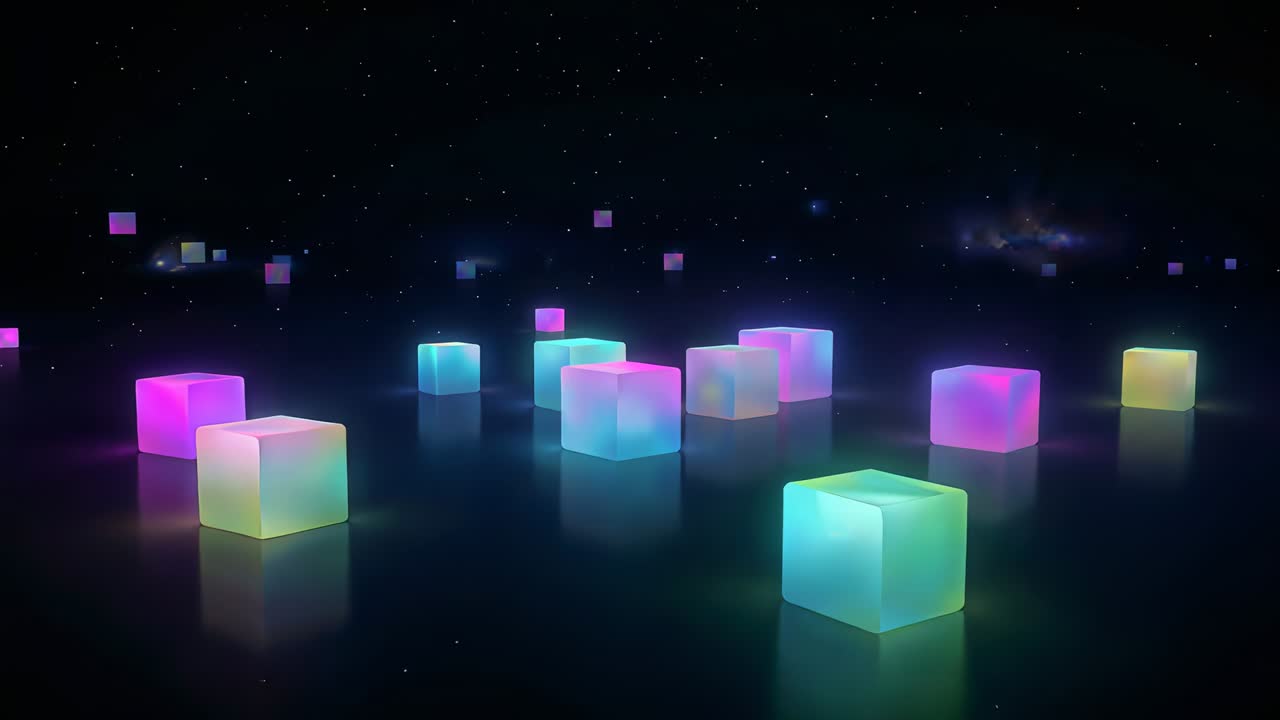 Moving camera causing lit cube cluster moving forward on glossy plane, starfield nebula reflections