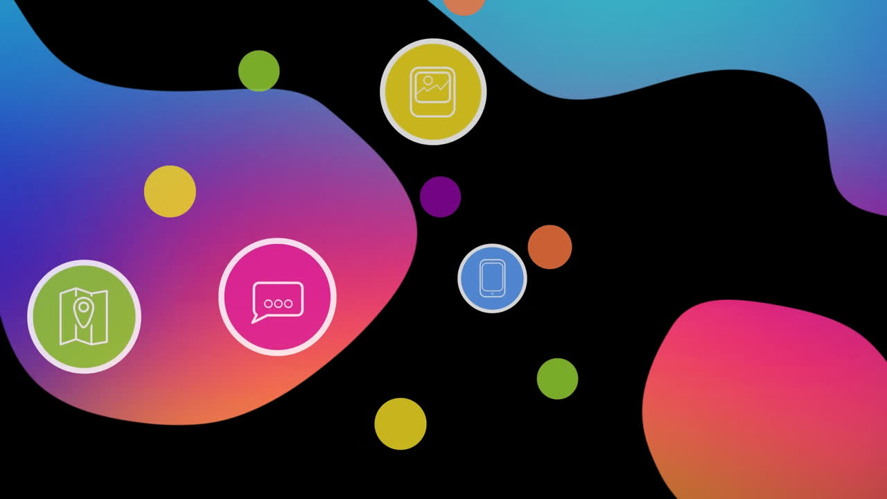 Animation of network of connections with icons on black background