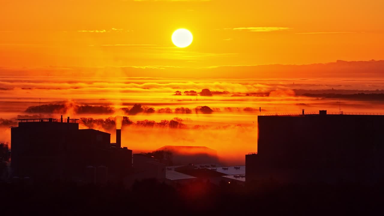 Silhueta de cidade industrial emergindo da neblina dourada da manhã ao amanhecer.