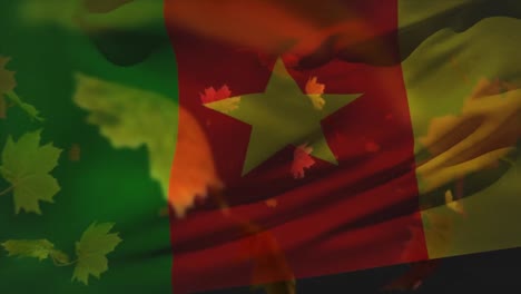 Composición-Digital-De-Ghana-Ondeando-Bandera-Sobre-Hojas-De-Otoño-Cayendo-Contra-Las-Nubes-En-El-Cielo
