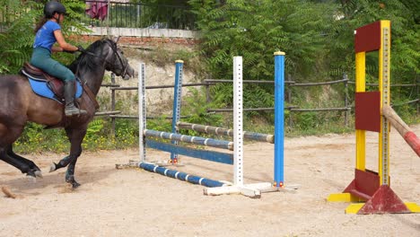 Rear perspective of a rider clearing a hurdle during a show jumping event. Slowmo