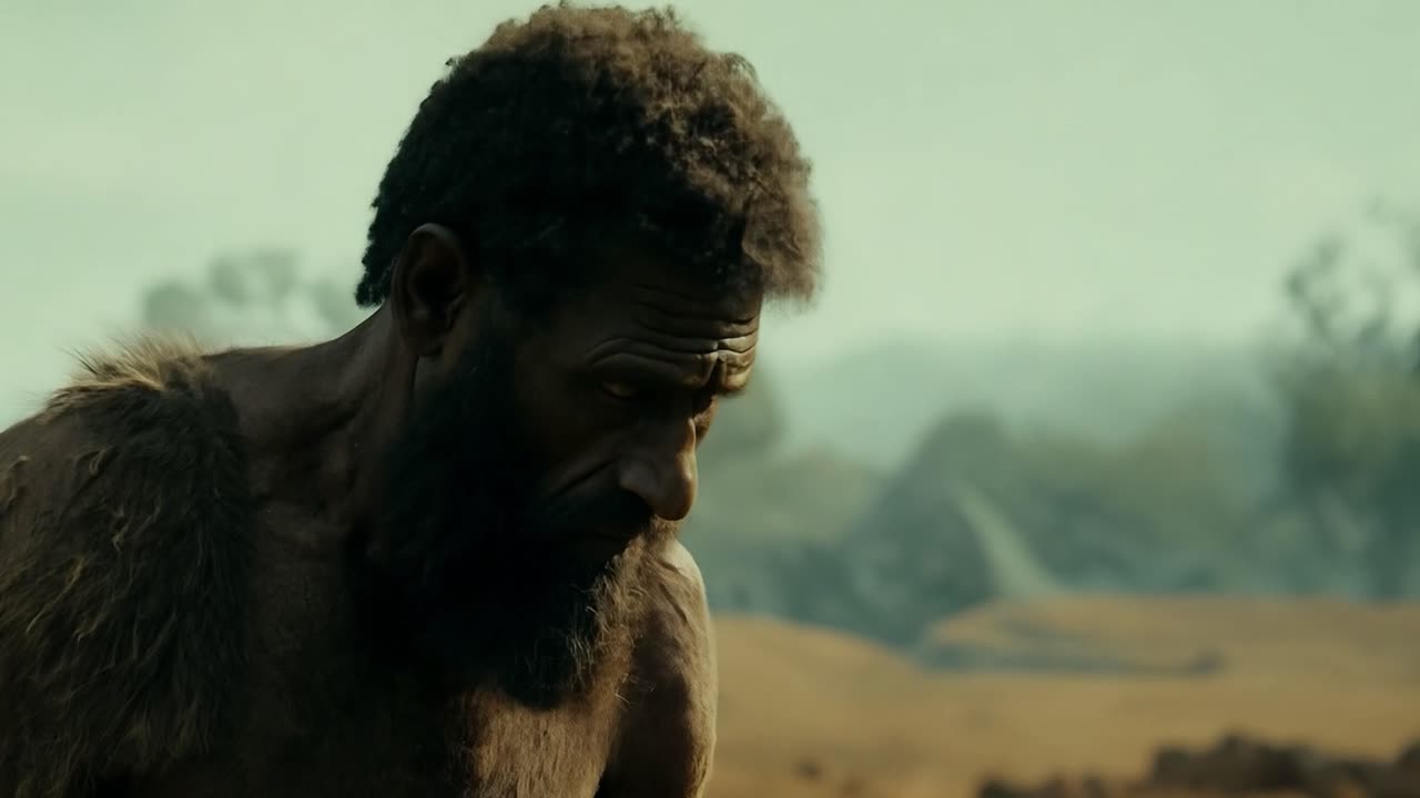 선사시대 인간은 나무 막대기를 들고 황량한 풍경을 걸어다니며, 은 하늘 아래 멀리 있는 나무들에 둘러싸여 사려 깊게 움직인다.