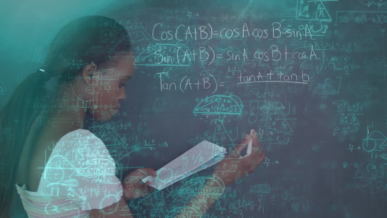 Animation of math equations with caucasian student girl writing on chalkboard