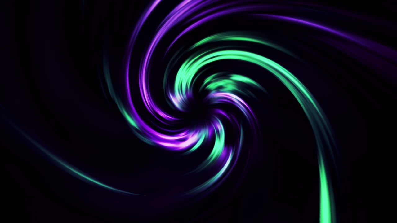 Neon funnel with colorful twisting rays, seamless loop. Motion. Curved bright lines on a black background resembling tornado.