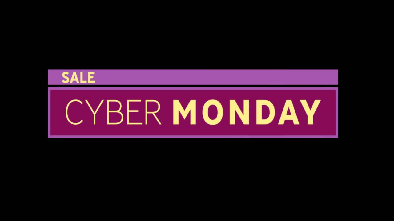 texto de venta de cyber monday amarillo y púrpura que aparece contra una pantalla negra
