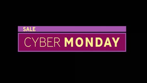 yellow and purple cyber monday sale text appearing against a black screen
