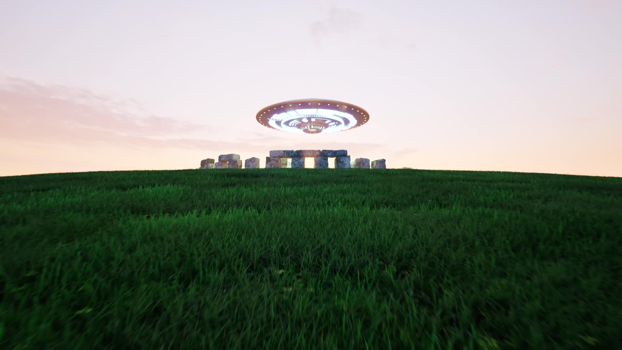 stonehenge, una antigua estructura de piedra megalítica, monumento, con un ovni flotando y girando por encima, con luces de neón, al atardecer, animación en 3d, cámara haciendo zoom