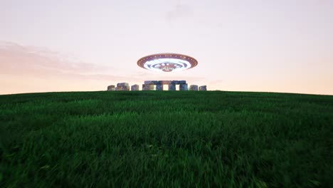 Stonehenge,-Una-Antigua-Estructura-Megalítica-De-Piedra,-Monumento,-Con-OVNI-Flotando-Y-Girando-Sobre-él,-Con-Luces-De-Neón,-Al-Atardecer,-Animación-3D,-Cámara-Acercándose