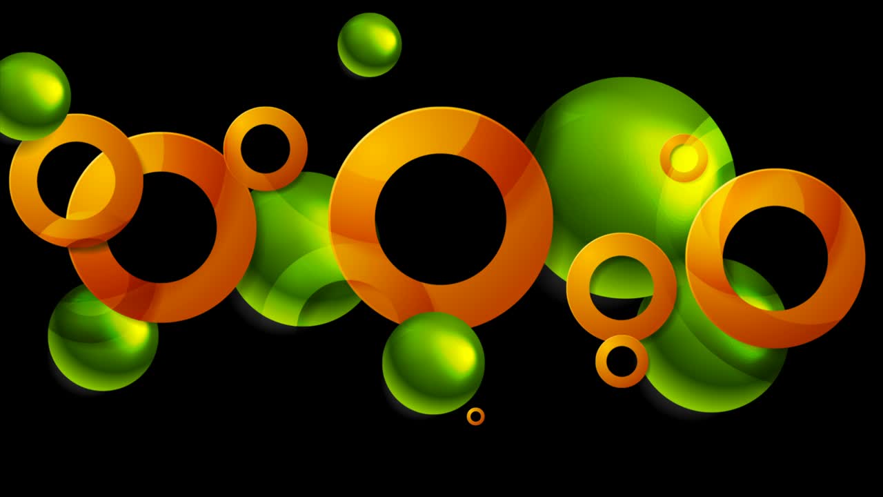 Glossy green orange abstract circles and balls geometric motion background