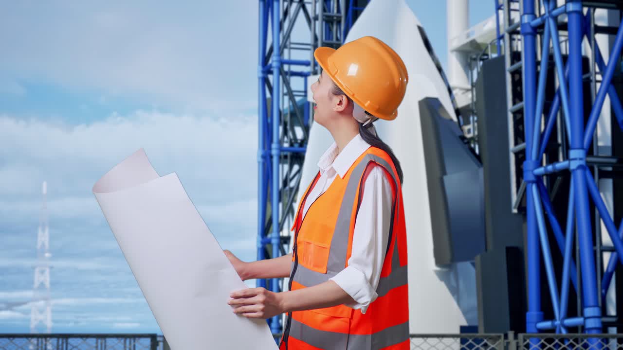 vista lateral de una ingeniera asiática con casco de seguridad mirando el plano en sus manos y mirando a su alrededor mientras está de pie con el transbordador espacial