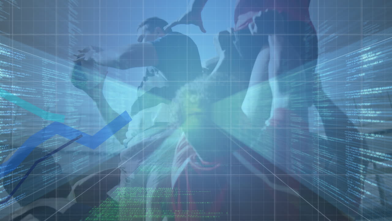 스포츠 경기장에서 럭비 선수에 대한 통계 및 데이터 처리 애니메이션