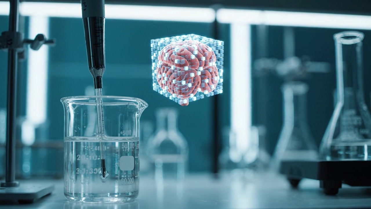 A Lab Scene with Advanced Technology: Display of a Digital Molecular Structure Above a Beaker Filled with Liquid on a Laboratory Workbench