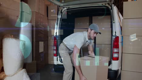 animación del procesamiento de datos sobre el hombre empacando cajas en el coche