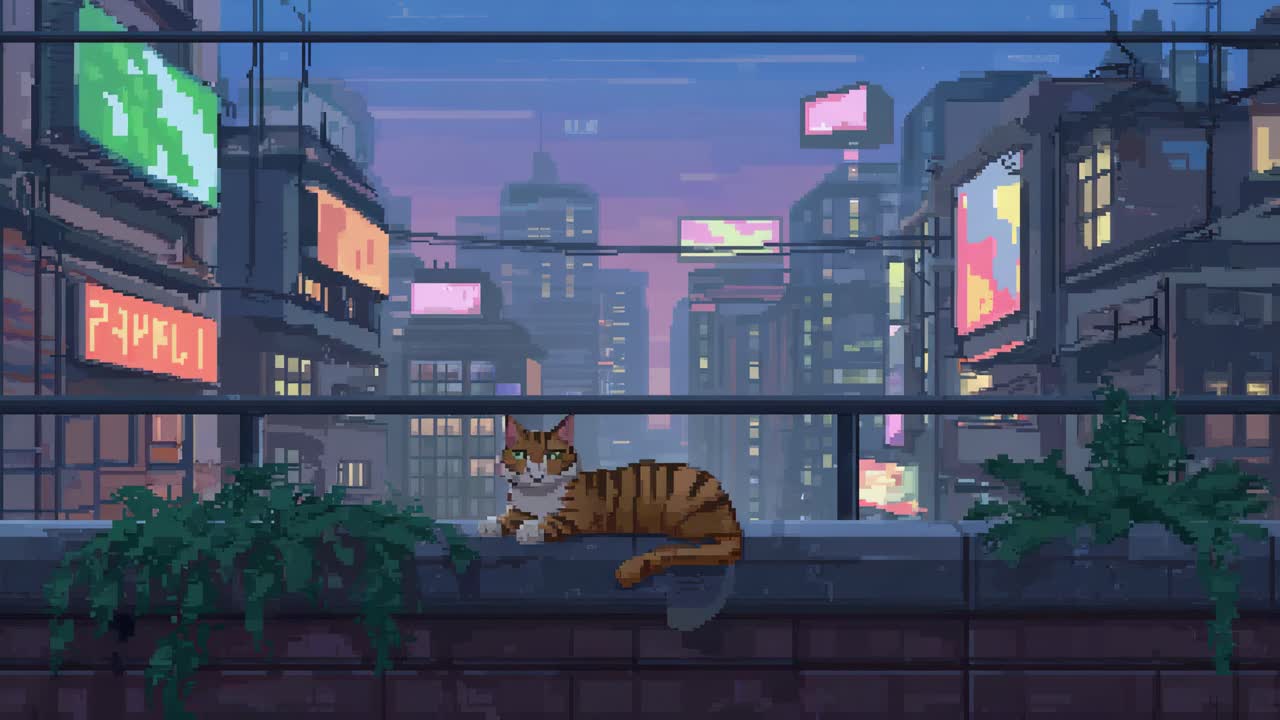 Gatto in pixel art in uno scenario urbano notturno