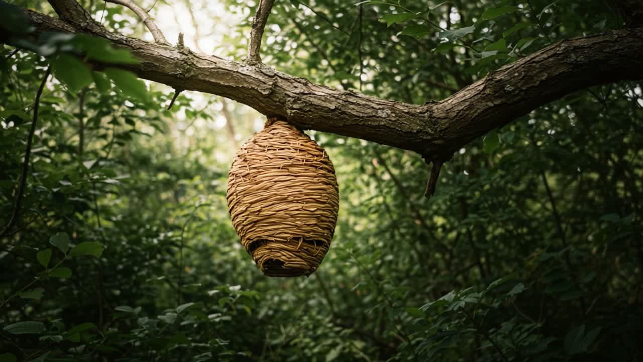 A Serene Moment in Nature: A Close-Up of a Beautifully Crafted Beehive Hanging from an Ancient Tree Branch Amidst Lush Greenery