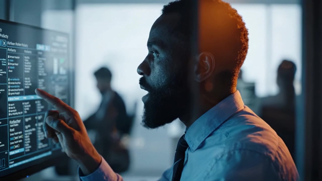 Focused Professional Analyzing Data on Computer Screen in Modern Office Environment, Capturing Concentration and Screen Information in Dynamic Atmosphere