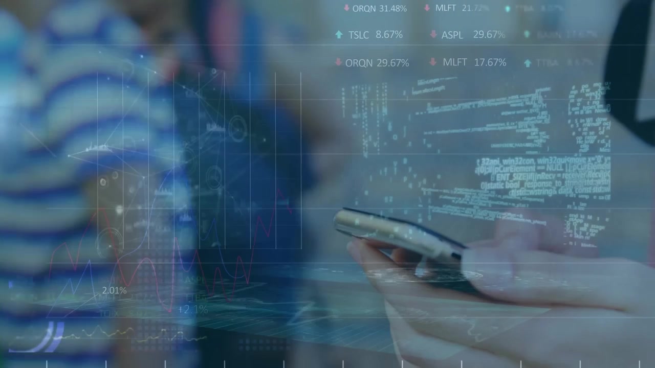 Animation of stock market data processing over mid section of a student using smartphone at school