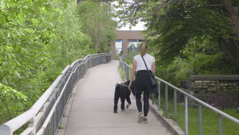 Woman-walking-her-dog-down-a-quiet-path-in-a-downtown-urban-environment