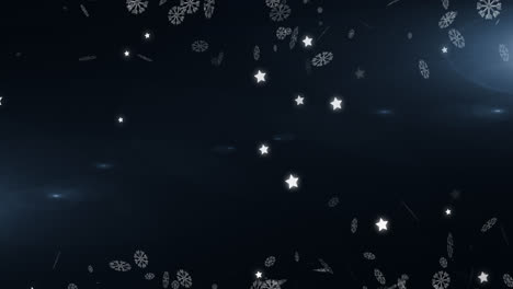 Animation-of-snowflakes-and-stars-falling-on-black-background