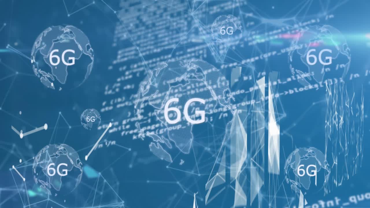 6g 텍스트 및 데이터 처리를 통해 파란색 배경에 연결된 네트워크를 통해 지구의 애니메이션.