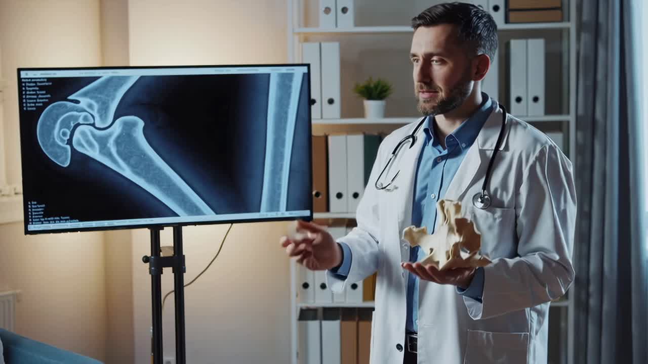 Doctor explaining a hip x-ray and bone model