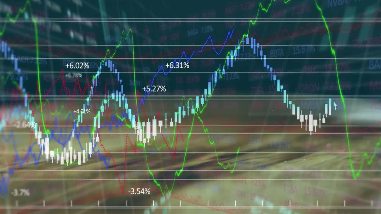 Analyzing financial graphs with animation overlaying blurred stock market background