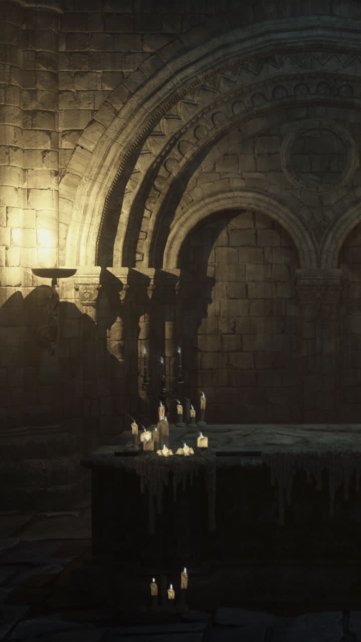 Interior de pedra misterioso com velas e luz suave em um espaço escuro