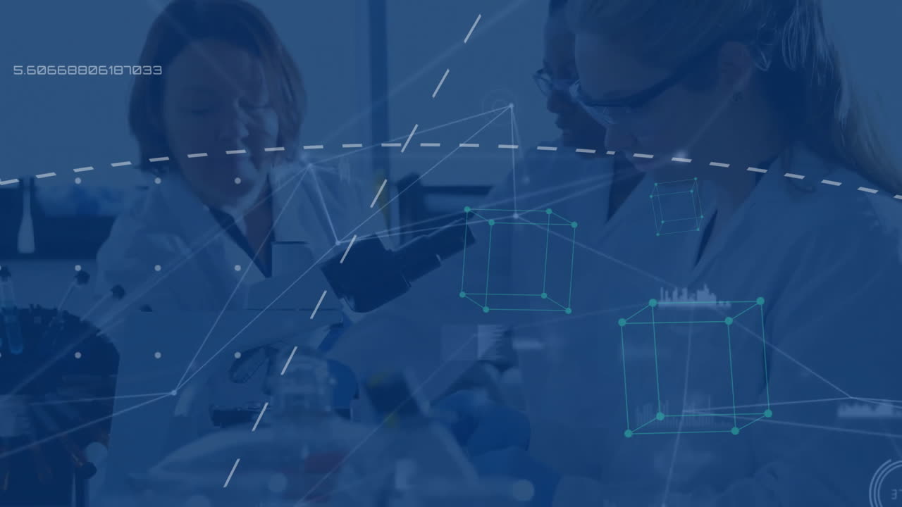 animación del procesamiento de datos sobre diversos científicos en el laboratorio