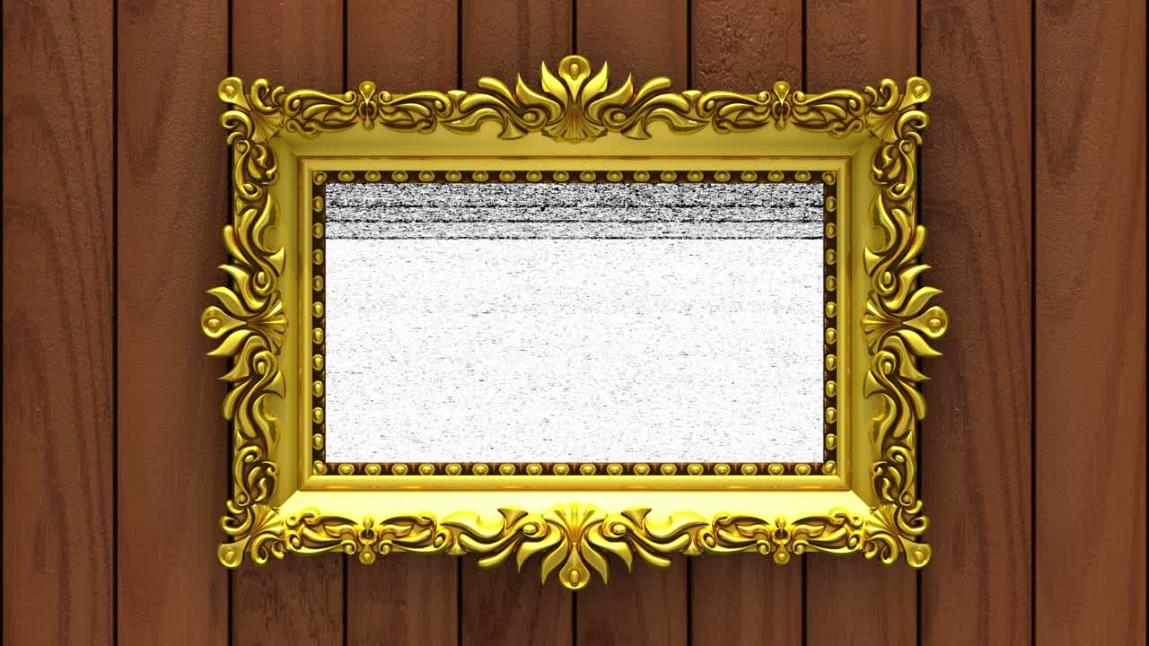 Brown wood on background. Tv noise and green chroma key plays on the screen in ornate gold picture frame. 3D animated intro.