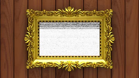 madera marrón en el fondo. ruido de la televisión y tecla de croma verde juega en la pantalla en el marco de la imagen de oro adornado. intro animado en 3d.