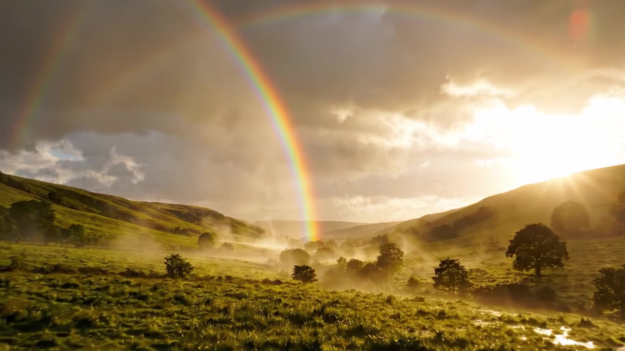 A Breathtaking View of a Rainbow Arched Over Lush Green Hills with Glowing Sunlight Illuminating the Misty Landscape, Capturing Nature's Serenity and Beauty