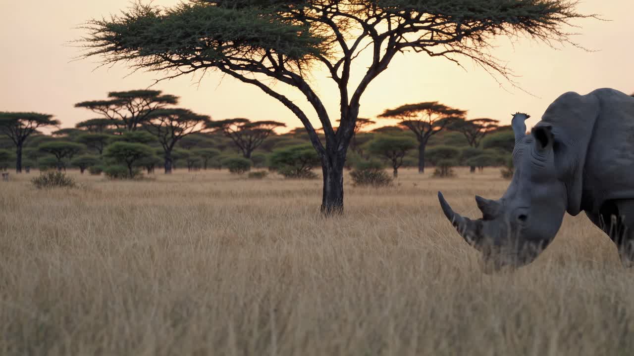 Primo piano laterale di un rinoceronte al pascolo in una savana al tramonto, con uno stile video cinematografico.