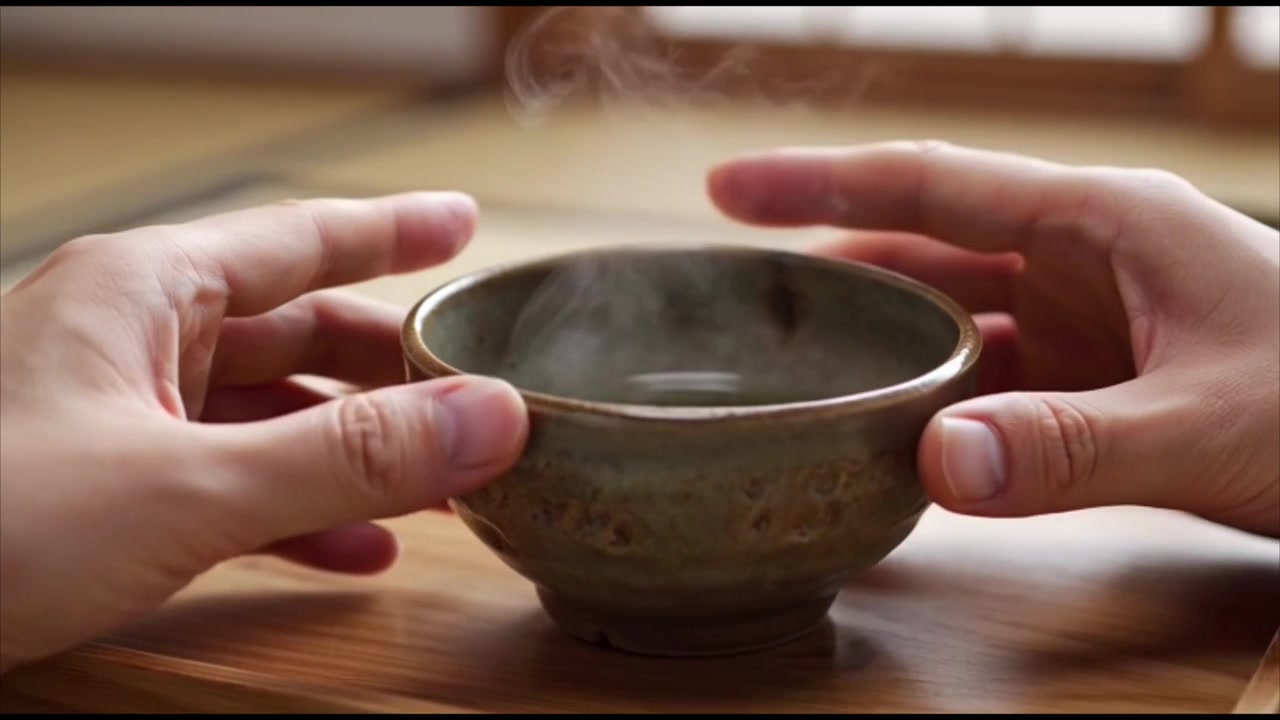 Persona che tiene una tazza fumante di tè verde