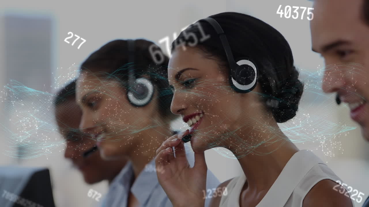 animación de la red de conexiones personas de negocios que usan auriculares de teléfono