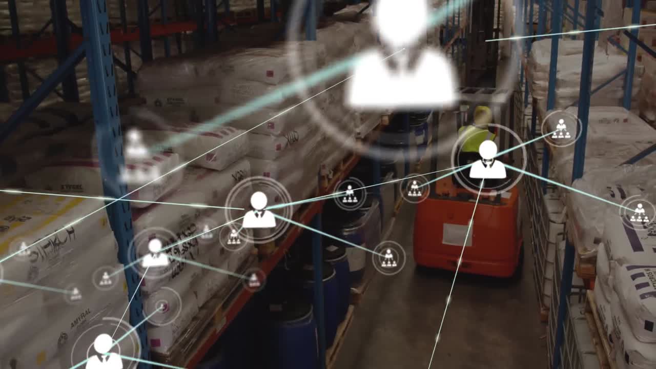 Animation of network of connections over warehouse workers