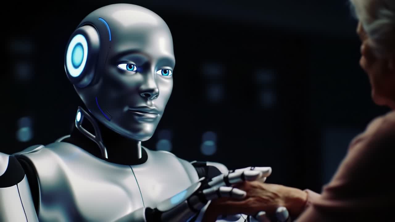 A futuristic robot engages in meaningful communication with an elderly individual in a contemporary care setting. The interaction highlights advancements in technology designed to enhance senior care.