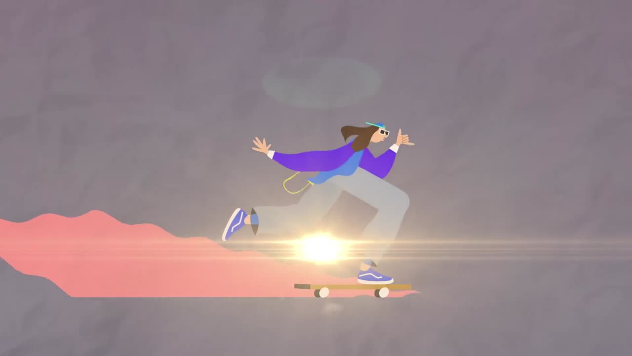 анимация мультфильма женщины, катающейся на скейтборде на фиолетовом фоне