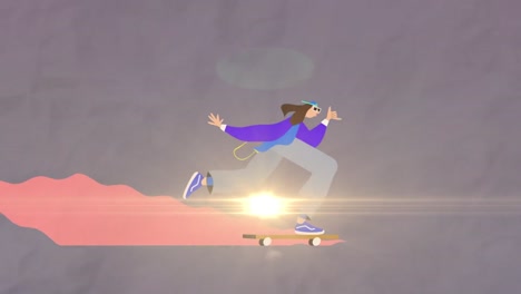 Animation-of-cartoon-woman-skateboarding-on-violet-background