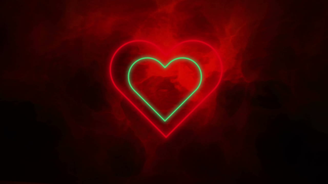 Animazione di cuori concentrici verdi e rossi al neon lampeggianti su sfondo nero con fumo rosso.