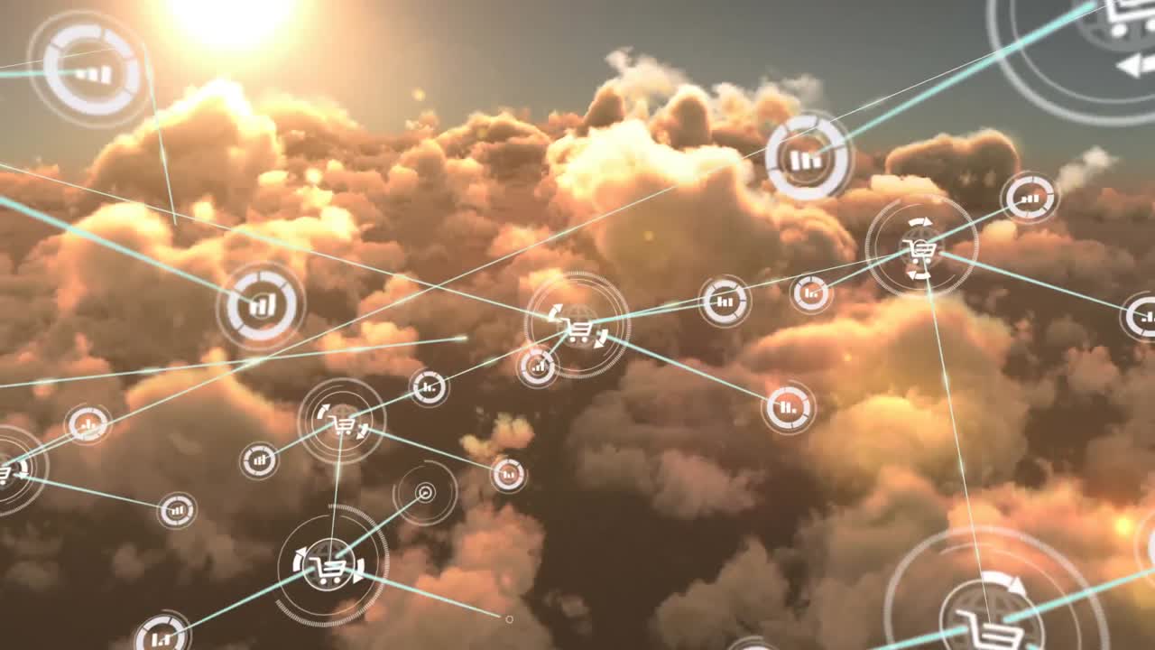 animación de redes de conexiones con iconos en el cielo